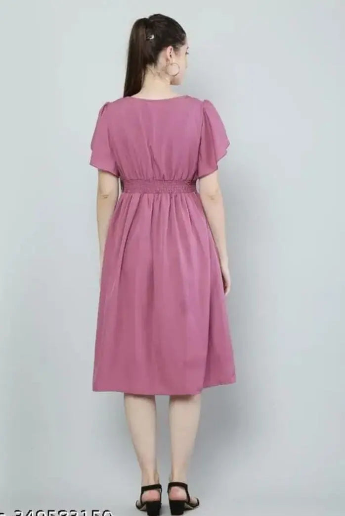 Women Pink Solid Viscose Rayon Fit And Flair Dress - Mr Urban Choices