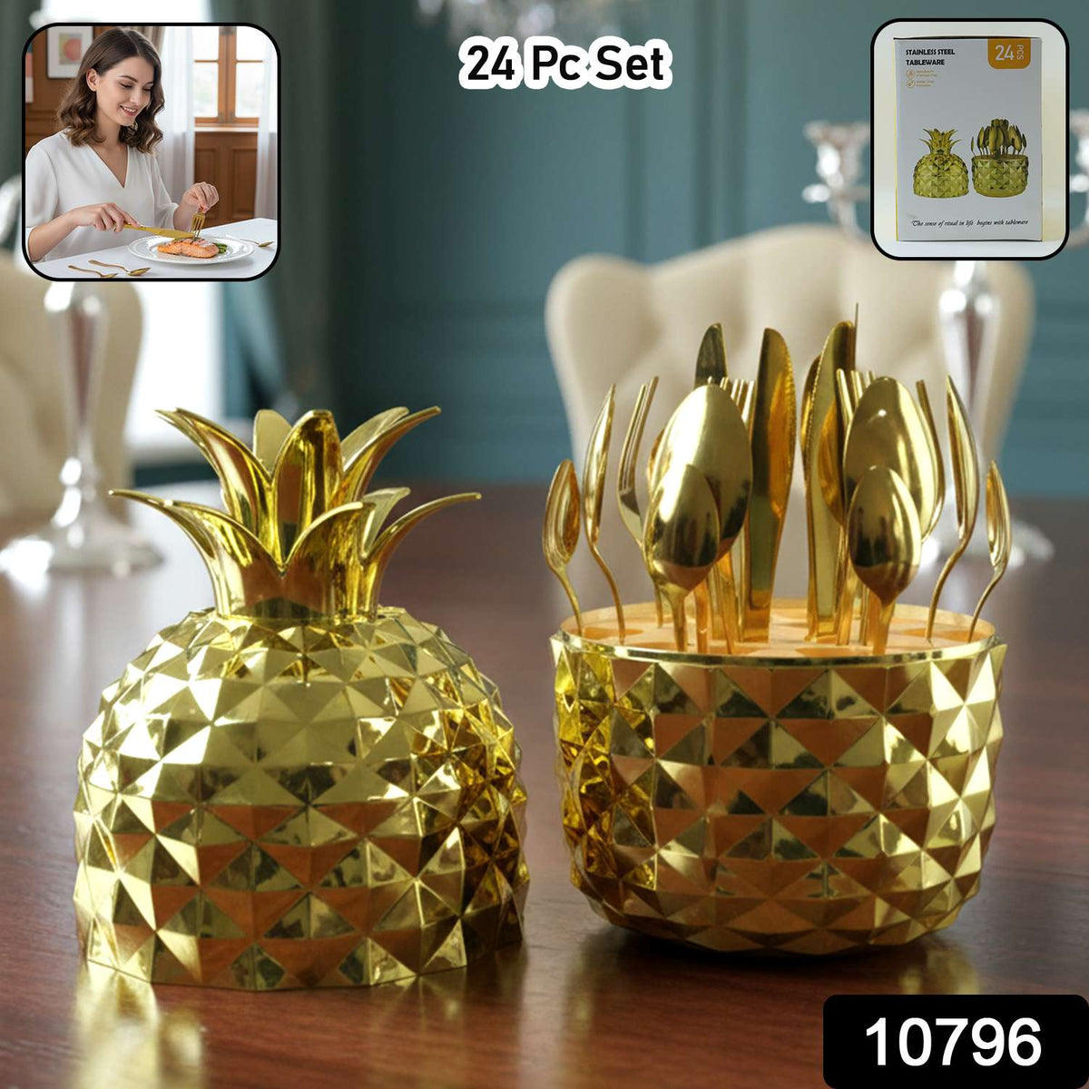 Urban Zen™ Royal-Gilt – 24-Piece Stainless Steel Golden Cutlery Set with Pineapple Stand - Mr Urban Choices