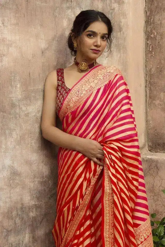 Jacquard Striped Saree for Women (Red, 6.3 m) - Mr Urban Choices