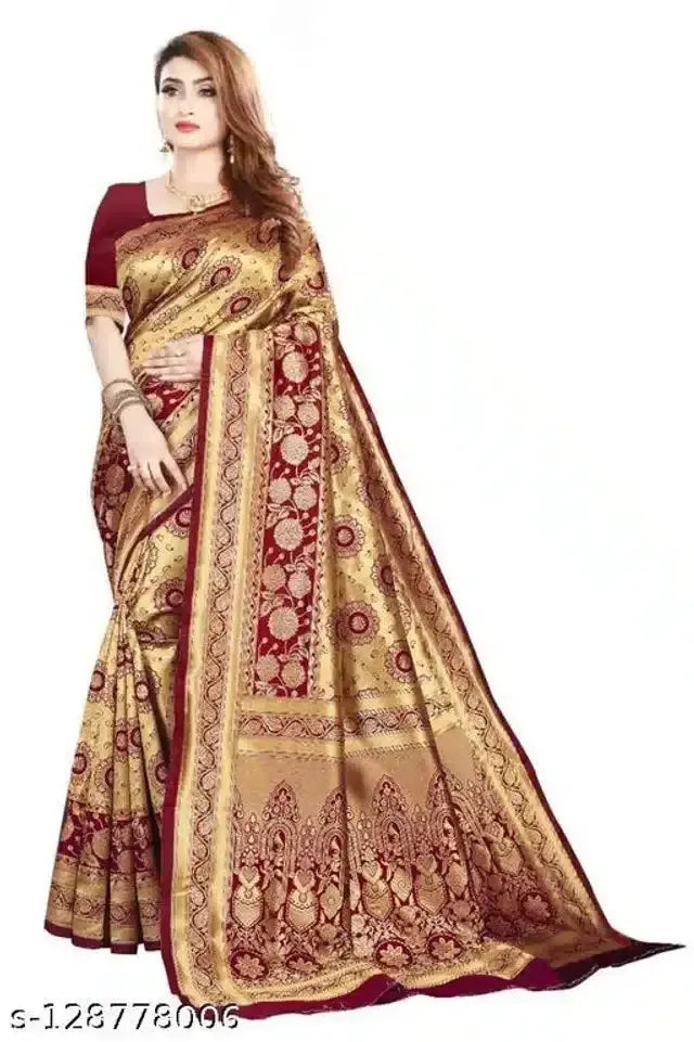Jacquard Saree With Blouse For Women (Golden& Dark Red, 6.3M) - Mr Urban Choices
