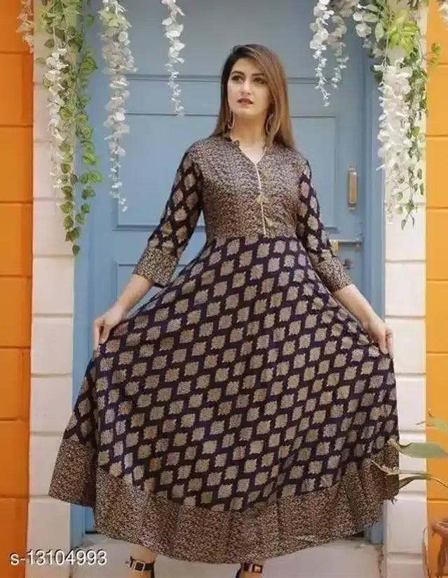 Rayon Printed Anarkali Kurti for Women (Navy Blue, S) - Mr Urban Choices