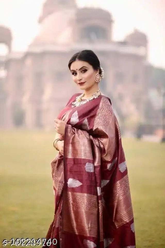 Art Silk Saree With Blouse For Women (Dark Red, 6.3M) - Mr Urban Choices
