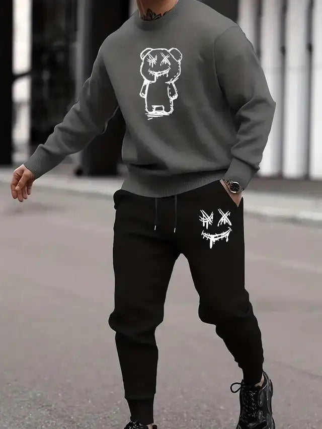 Fleece Printed Tracksuit for Men (Black & Grey, M) - Mr Urban Choices