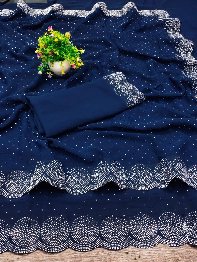 Georgette Embellished Saree for Women (Navy Blue, 6.3 m) - Mr Urban Choices