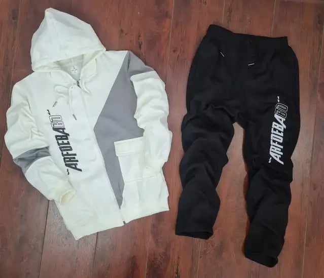 Fleece Printed Tracksuit for Men (White & Black, M) - Mr Urban Choices