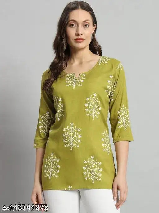 Printed Rayon Green Short Kurti For Girls and Women - Mr Urban Choices