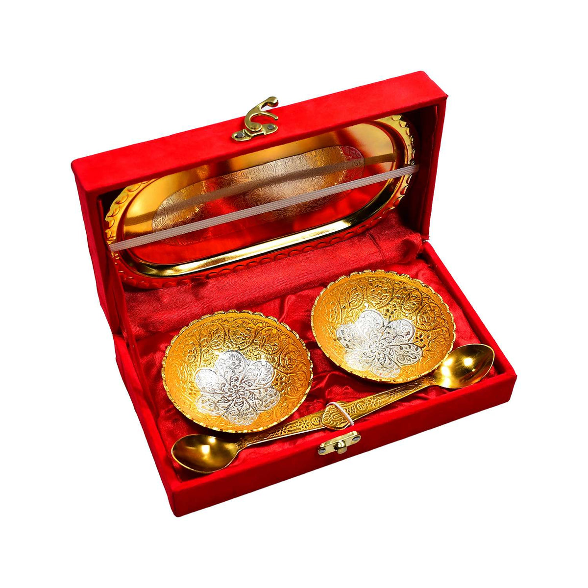 2947 Gold Silver Plated 2 Bowl 2 Spoon Tray Set Brass With Red Velvet Gift Box Serving Dry Fruits Desserts Gift - Mr Urban Choices