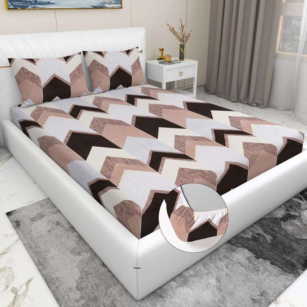 White -Grey -Black Cotton Elastic 160 TC King Bedsheet with 2 Pillow Covers - Mr Urban Choices