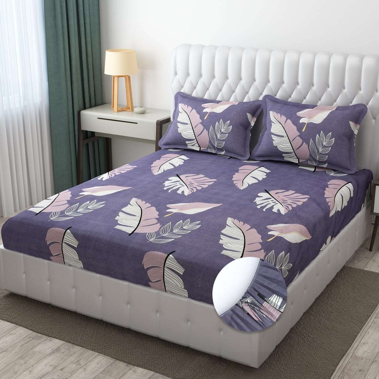 Cotton Elastic 160 TC King Bedsheet (Leaves-Purple) with 2 Pillow Covers - Mr Urban Choices