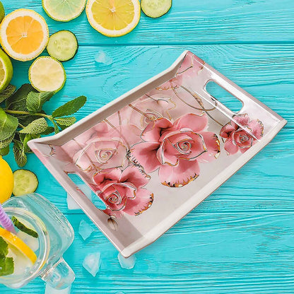 2292 Plastic Rectangular Shape Flower Printed Design Serving Tray 3 Pcs Home And Kitchen Use (3 Pcs Set) - Mr Urban Choices