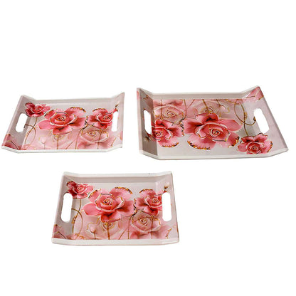 2292 Plastic Rectangular Shape Flower Printed Design Serving Tray 3 Pcs Home And Kitchen Use (3 Pcs Set) - Mr Urban Choices