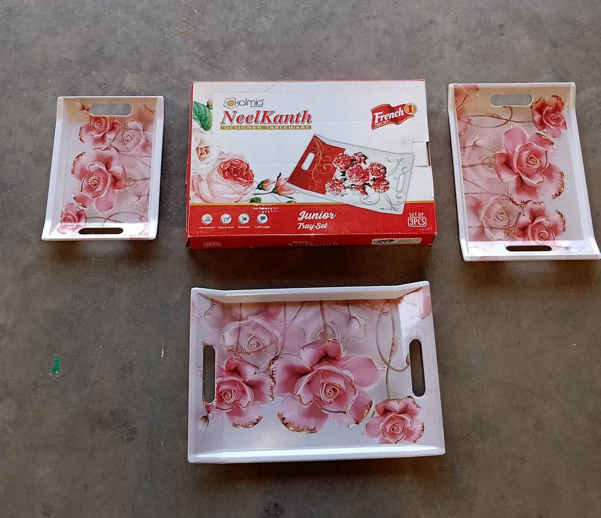 2292 Plastic Rectangular Shape Flower Printed Design Serving Tray 3 Pcs Home And Kitchen Use (3 Pcs Set) - Mr Urban Choices