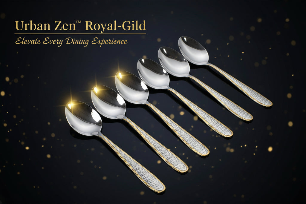 Stainless Steel Gold Bordered Textured Spoons Gold Plated Handle Set Of 6 Pc