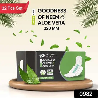 0982 Sanitary Pads For Women With Goodness Of Neem  Aloe Vera  Ultra Thin  Leakage Protection  Ph Balance  With Antibacterial Anion Chip  5x More Absorbance (320 Mm  32 Pads)