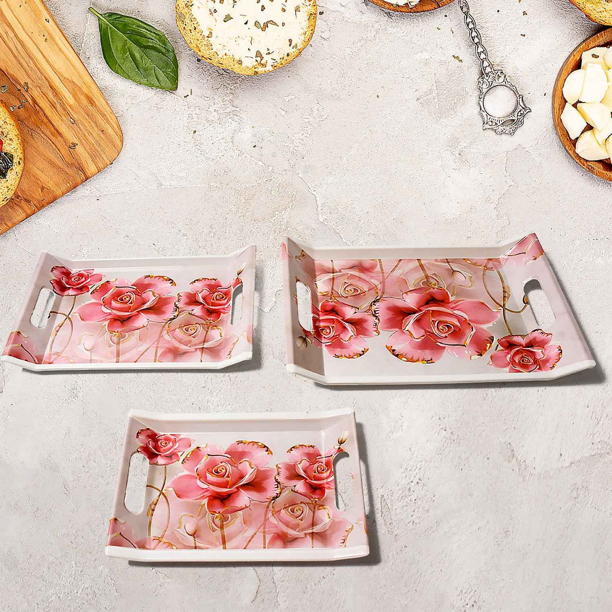 2292 Plastic Rectangular Shape Flower Printed Design Serving Tray 3 Pcs Home And Kitchen Use (3 Pcs Set) - Mr Urban Choices
