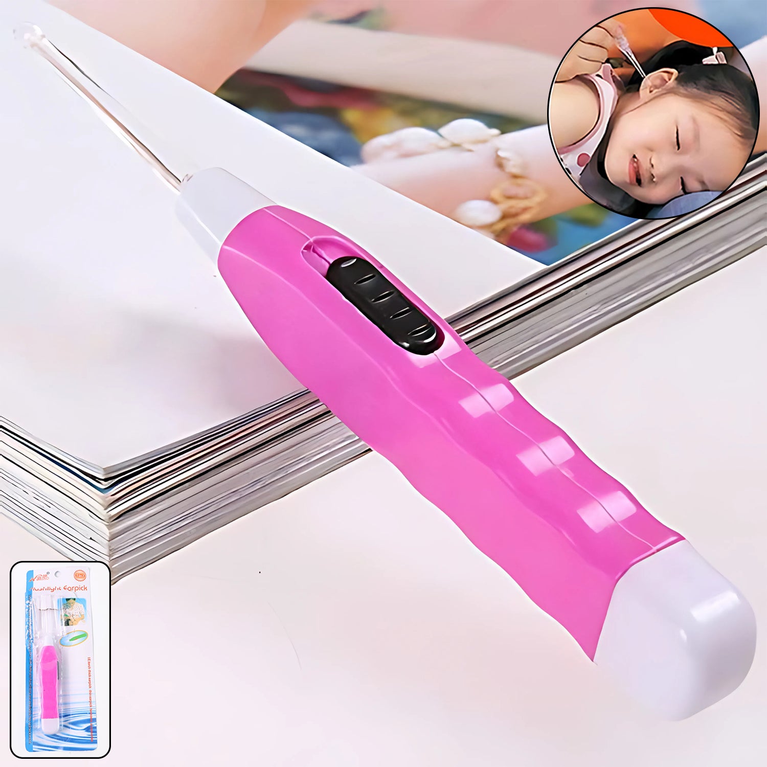 Pink Led Flashlight Earpick With Tweezer (1 Pc)