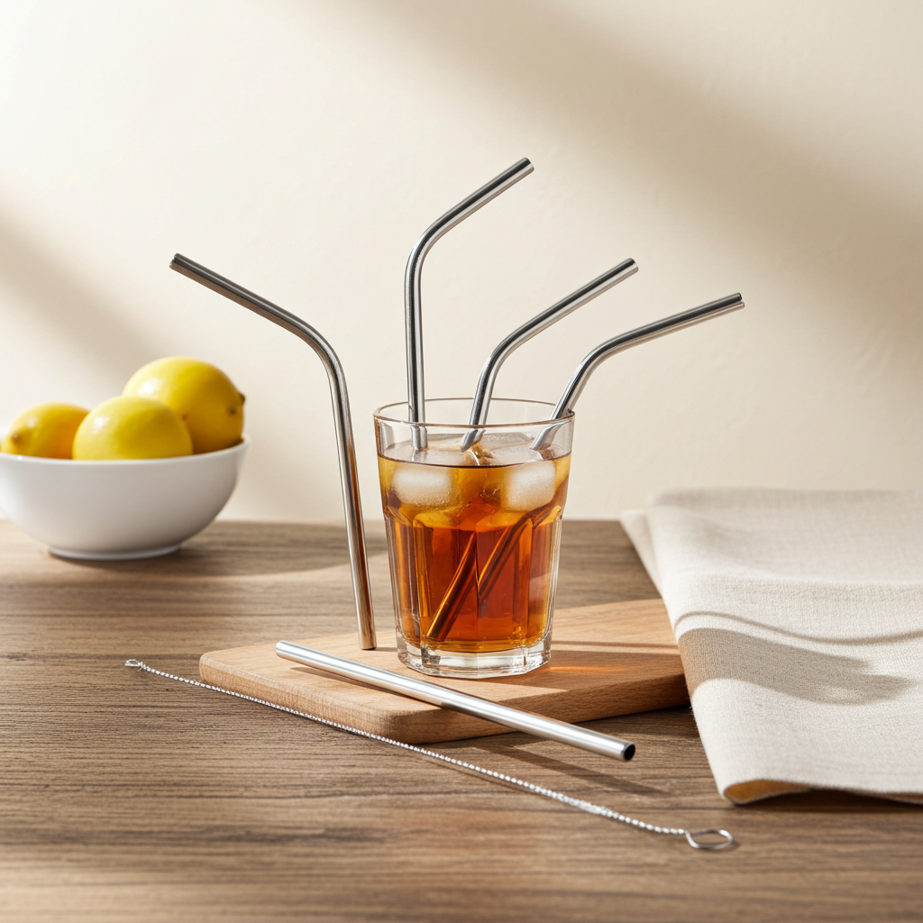 0600 Reusable Stainless Steel Straws With Travel Case Cleaning Brush Eco Friendly Extra Long Metal Straws Drinking Set Of 4 (2 Straight Straws 1 Bent Straws 1 Brush)