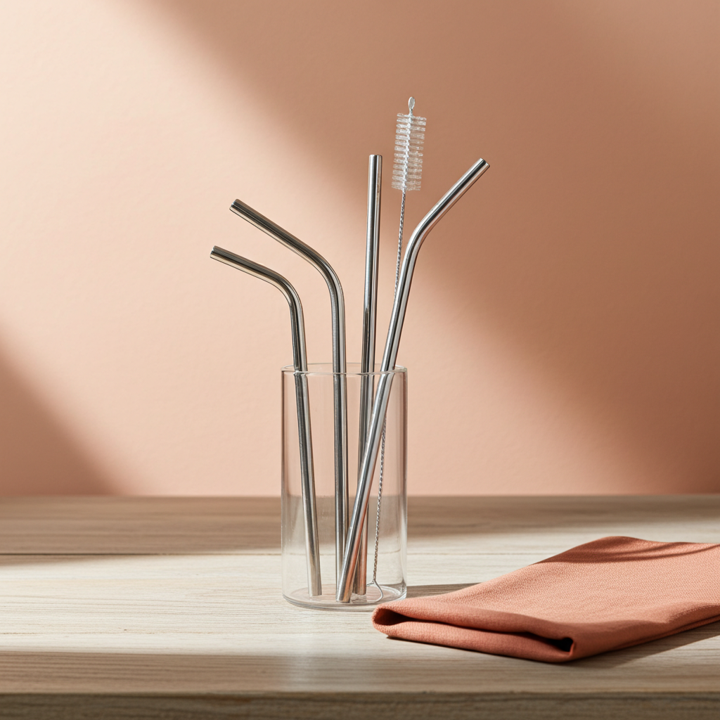 0600 Reusable Stainless Steel Straws With Travel Case Cleaning Brush Eco Friendly Extra Long Metal Straws Drinking Set Of 4 (2 Straight Straws 1 Bent Straws 1 Brush)