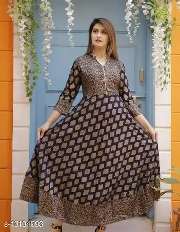 Rayon Printed Anarkali Kurti for Women (Navy Blue, S) - Mr Urban Choices
