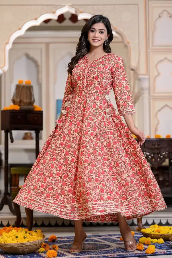 Cotton Printed Anarkali Kurti for Women (Red, M) - Mr Urban Choices