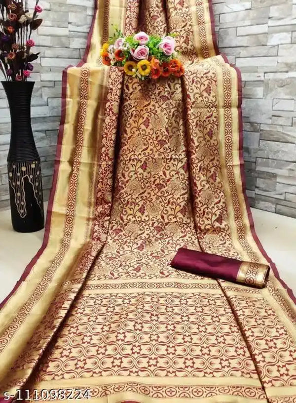 Banarasi Silk Saree With Blouse For Women (Golden And Dark Red, 6.3M) - Mr Urban Choices
