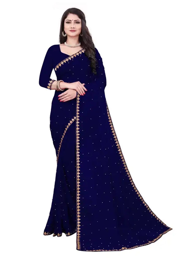Lycra Blend Solid Saree for Women (Navy Blue, 6.3 m) - Mr Urban Choices