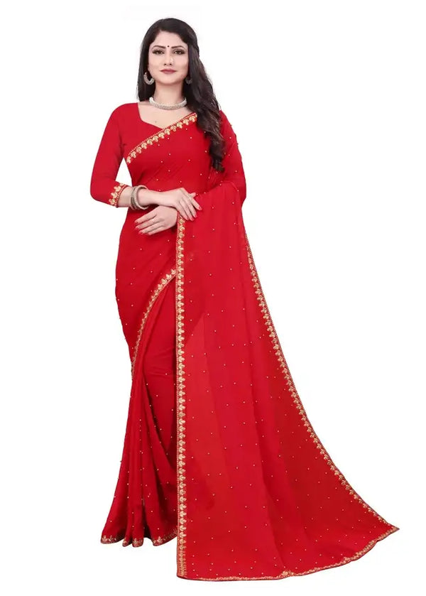 Lycra Blend Solid Saree for Women (Red, 6.3 m) - Mr Urban Choices