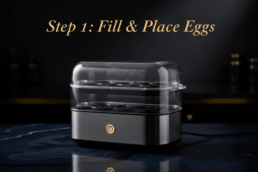 Black and silver Urban Max™ Quick-Steam Pro egg steamer with transparent lid, digital controls, and step-by-step instructions for filling eggs.