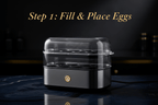 Black and silver Urban Max™ Quick-Steam Pro egg steamer with transparent lid, digital controls, and step-by-step instructions for filling eggs.