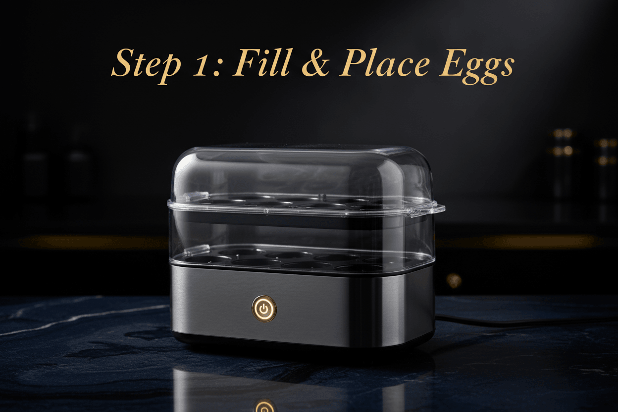 Black and silver Urban Max™ Quick-Steam Pro egg steamer with transparent lid, digital controls, and step-by-step instructions for filling eggs.