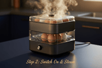 Steam rising from the black Urban Max™ Quick-Steam Pro multi-functional electric egg boiler with transparent lid, on a kitchen countertop.