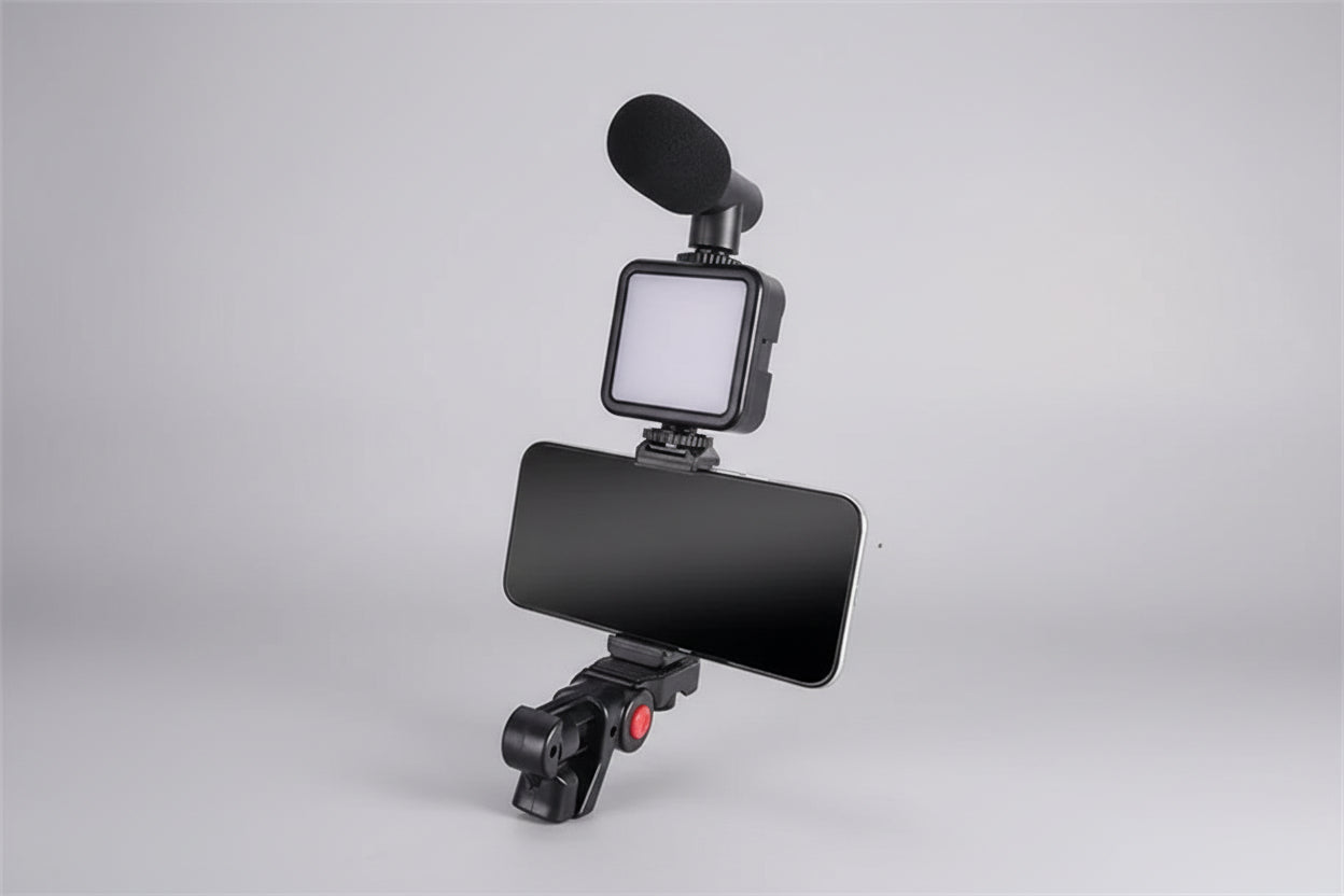 6054 Vlogging Kit For Video Making With Mic Mini Tripod Stand Led Light  Phone Holder Clip For Making Videos