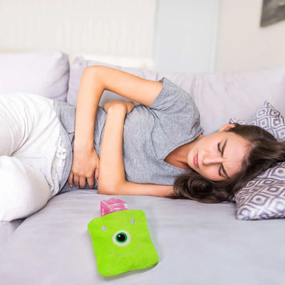 Green One Eye Monster Print Small Hot Water Bag With Cover For Pain Relief Neck Shoulder Pain And Hand Feet Warmer Menstrual Cramps.
