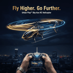 Night scene with the black and gold Urban Play Sky-Ace RC Helicopter flying above cityscape, demonstrating high-altitude flight capabilities