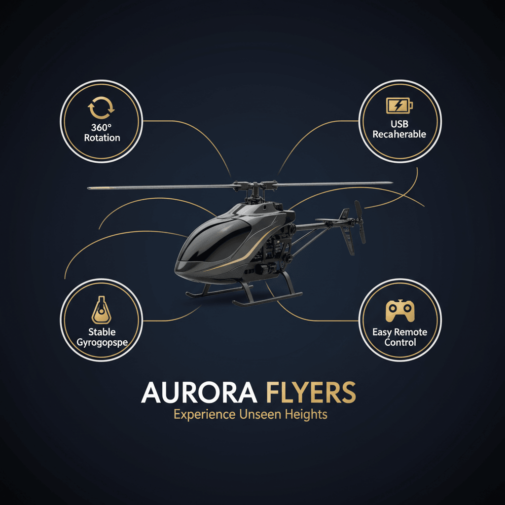 Infographic showcasing features of the Urban Play Sky-Ace RC Helicopter, including 360° rotation, USB rechargeable, stable gyroscope, and easy remote control