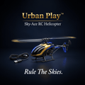 Black and gold Urban Play Sky-Ace RC Helicopter with LED lights, remote control, USB charging cable, and sleek aerodynamic design