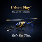 Black and gold Urban Play Sky-Ace RC Helicopter with LED lights, remote control, USB charging cable, and sleek aerodynamic design