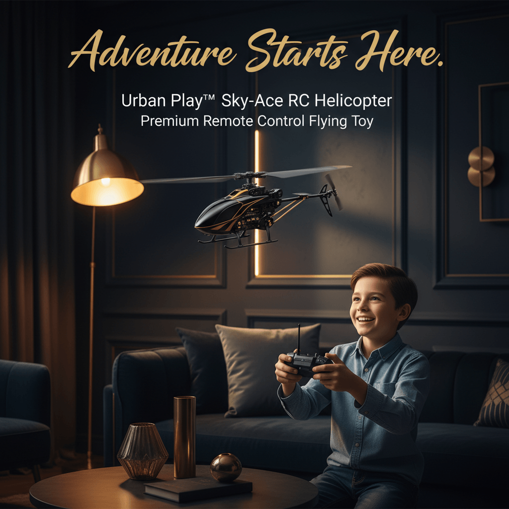 Young boy flying the black and gold Urban Play Sky-Ace RC Helicopter indoors with remote control, enjoying an exciting adventure