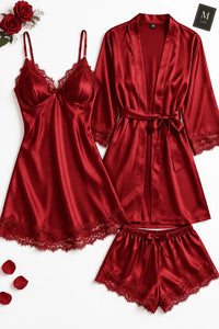 Satin Chemise Nightdress Set for Women (Red, M)