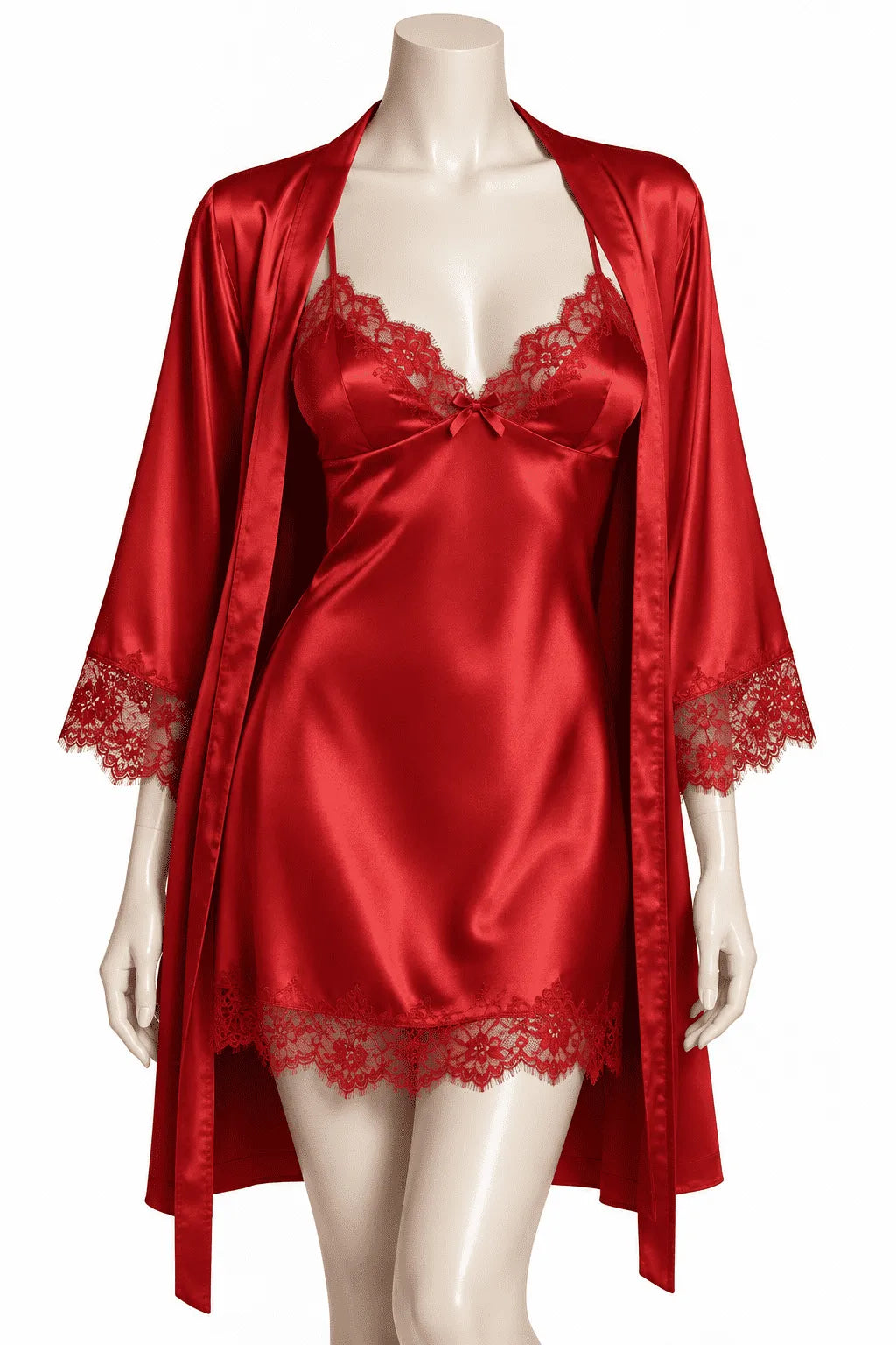 Satin Chemise Nightdress Set for Women (Red, M)