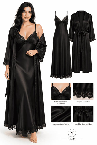 Satin Nightdress Set for Women – Black, M