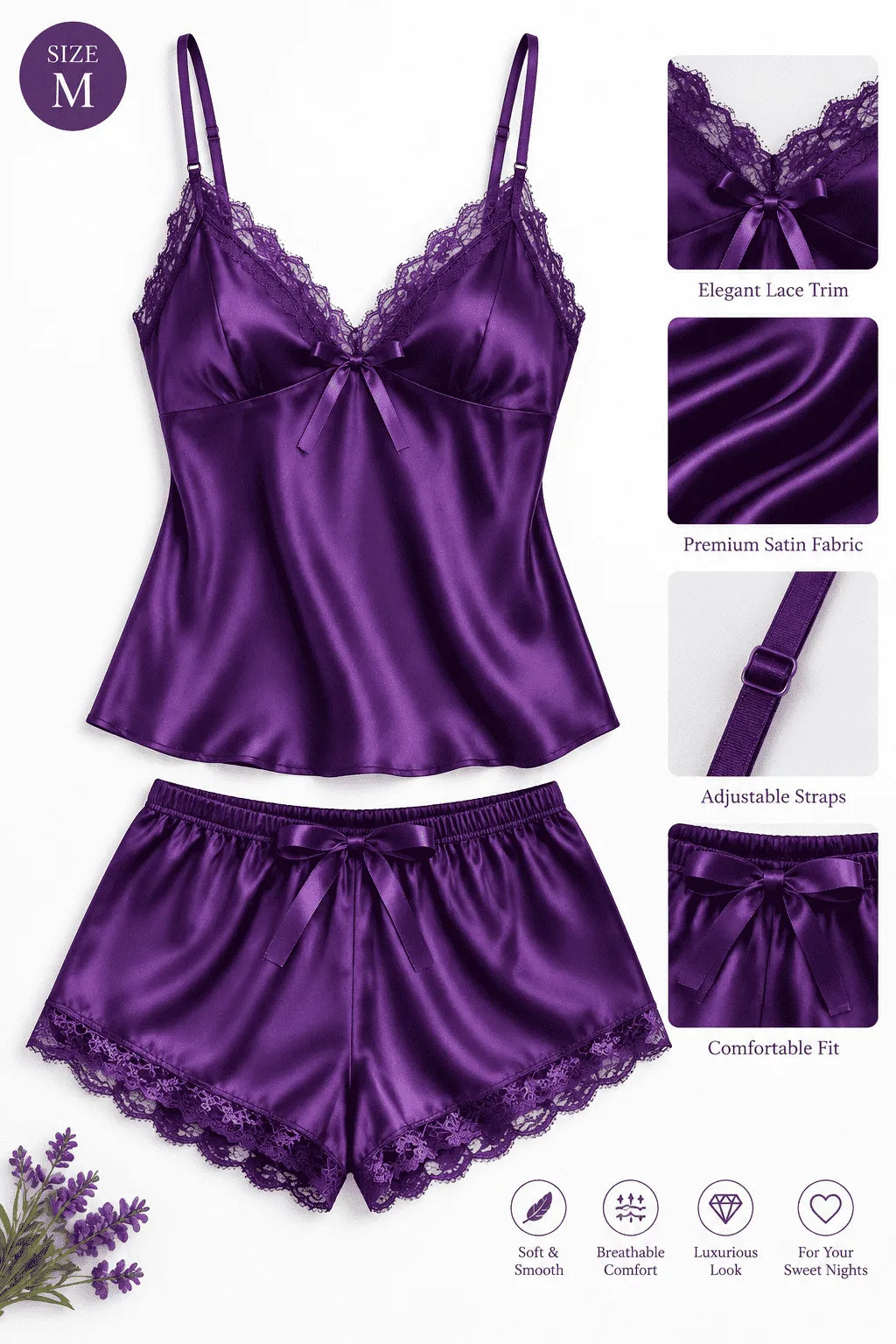 Satin Nightdress Set for Women (Purple, M)