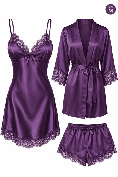 Satin Nightdress Set for Women (Purple, M)