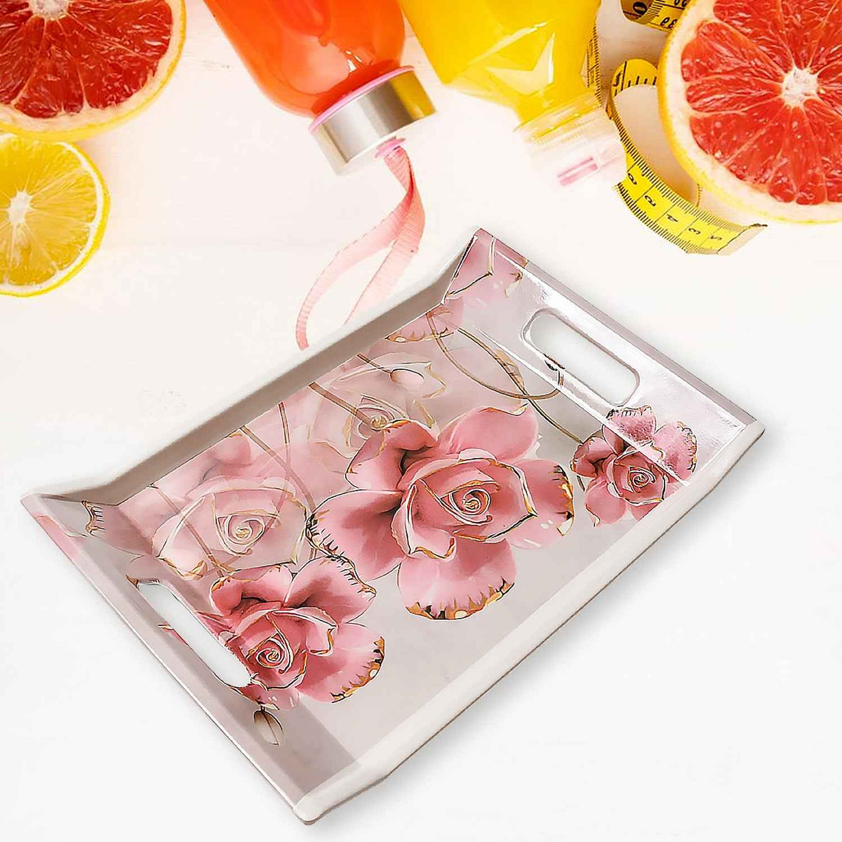 2292 Plastic Rectangular Shape Flower Printed Design Serving Tray 3 Pcs Home And Kitchen Use (3 Pcs Set) - Mr Urban Choices