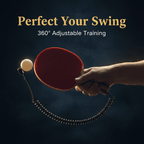 Hand holding an adjustable indoor table tennis training tool with a red paddle and a ball attached by a coiled cord, perfect for swing practice
