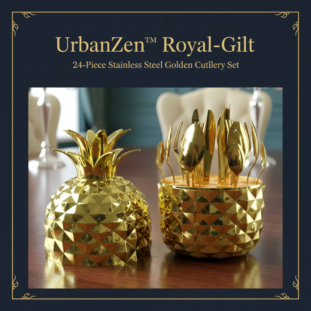 Stainless Steel Golden Cutlery Set With Pineapple Storage Stand (24 Pc Set)